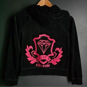 Juicy Couture Velour Tracksuit Jacket Y2K Kids Size Large 14 Black/Pink Hoodie